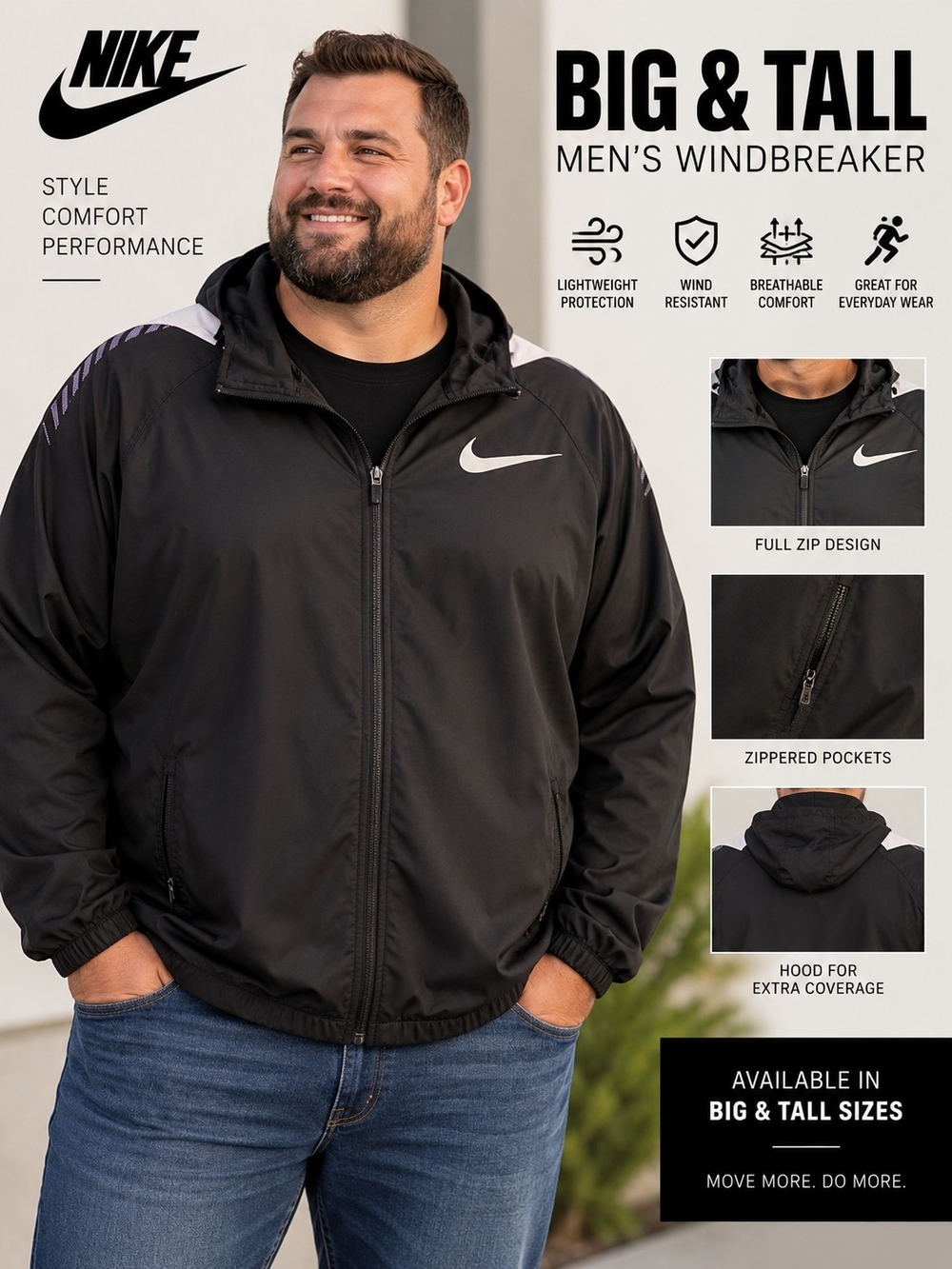 Nike Men’s Black Windbreaker with White Swoosh